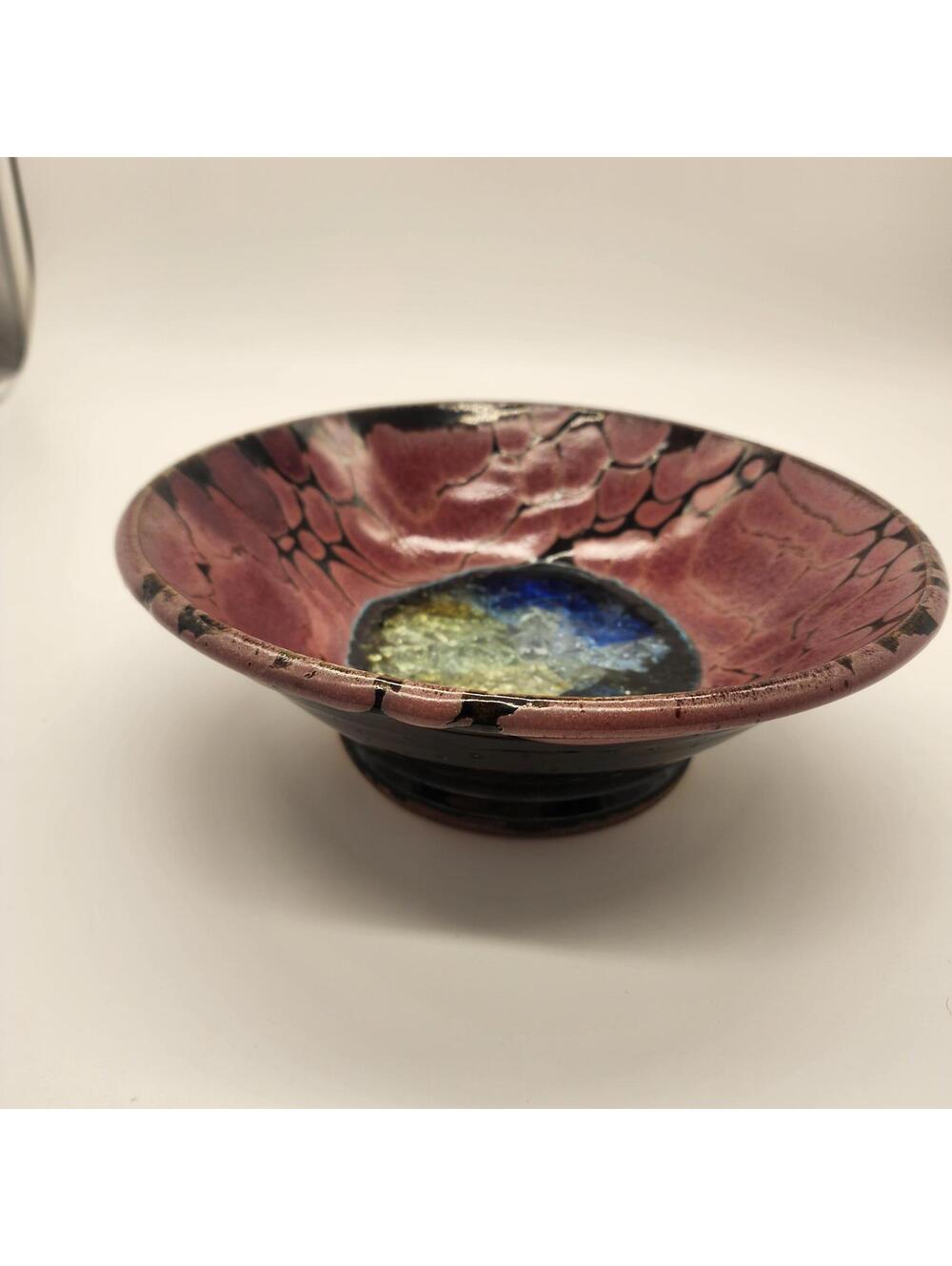 Signed Studio Art Pottery Bowl 10” Raku Crackle Glaze Pink Blue Wall Hanging